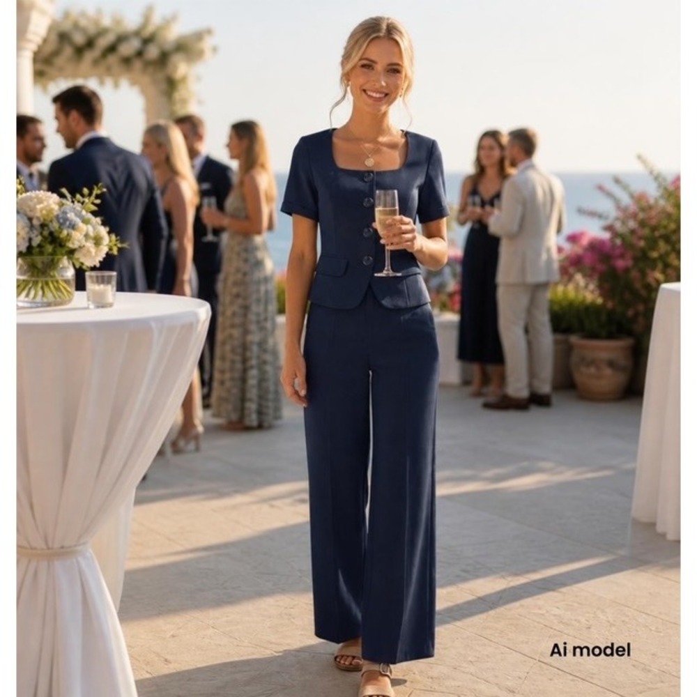 Navy Blue Short Sleeve‎ Blazer and Wide Leg Pant Set Two Piece Suit Square Neck